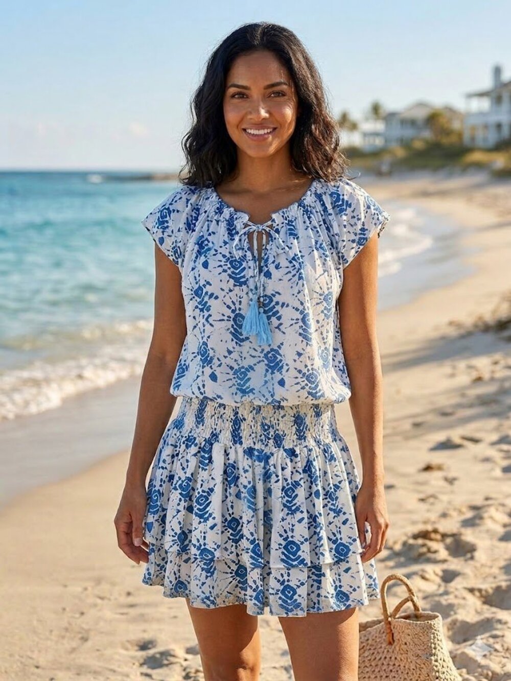 Skemo Beach Tie-Front Tassel Tiered Smocked Waist Coverup Dress M
